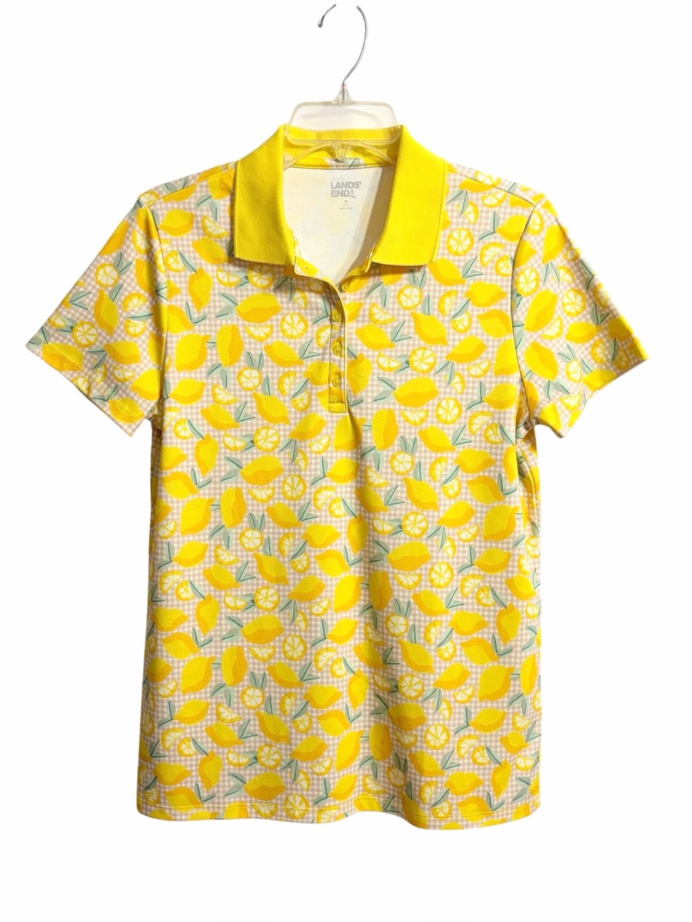 Lands' End Gingham Lemon Print Polo Top Womens M Yellow Golf Tennis Pickleball